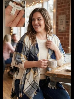 Maurices Plaid Fringe Wrap in Navy, White & Yellow Size Lg-XL Cottagecore Cozy